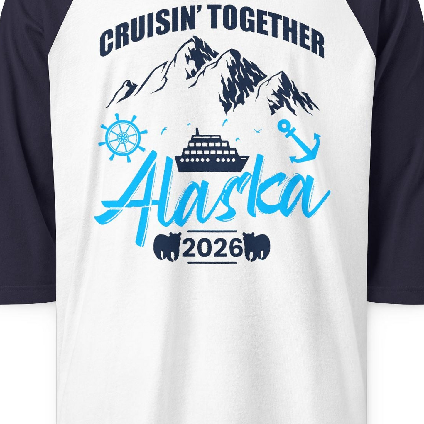 Alaska Cruise Group Adventure Shirt 3/4 Sleeve Raglan Shirt – White/Navy – Alaska Cruise Shirts Close Up