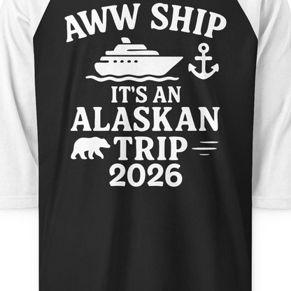 Alaska Cruise Shirt 3/4 Sleeve Raglan Shirt – Black/White – Alaska Cruise Shirts Close Up