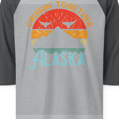 Retro Alaska Cruise Shirt 3/4 Sleeve Raglan Shirt – Heather Grey/Heather Charcoal – Alaska Cruise Shirts Close Up