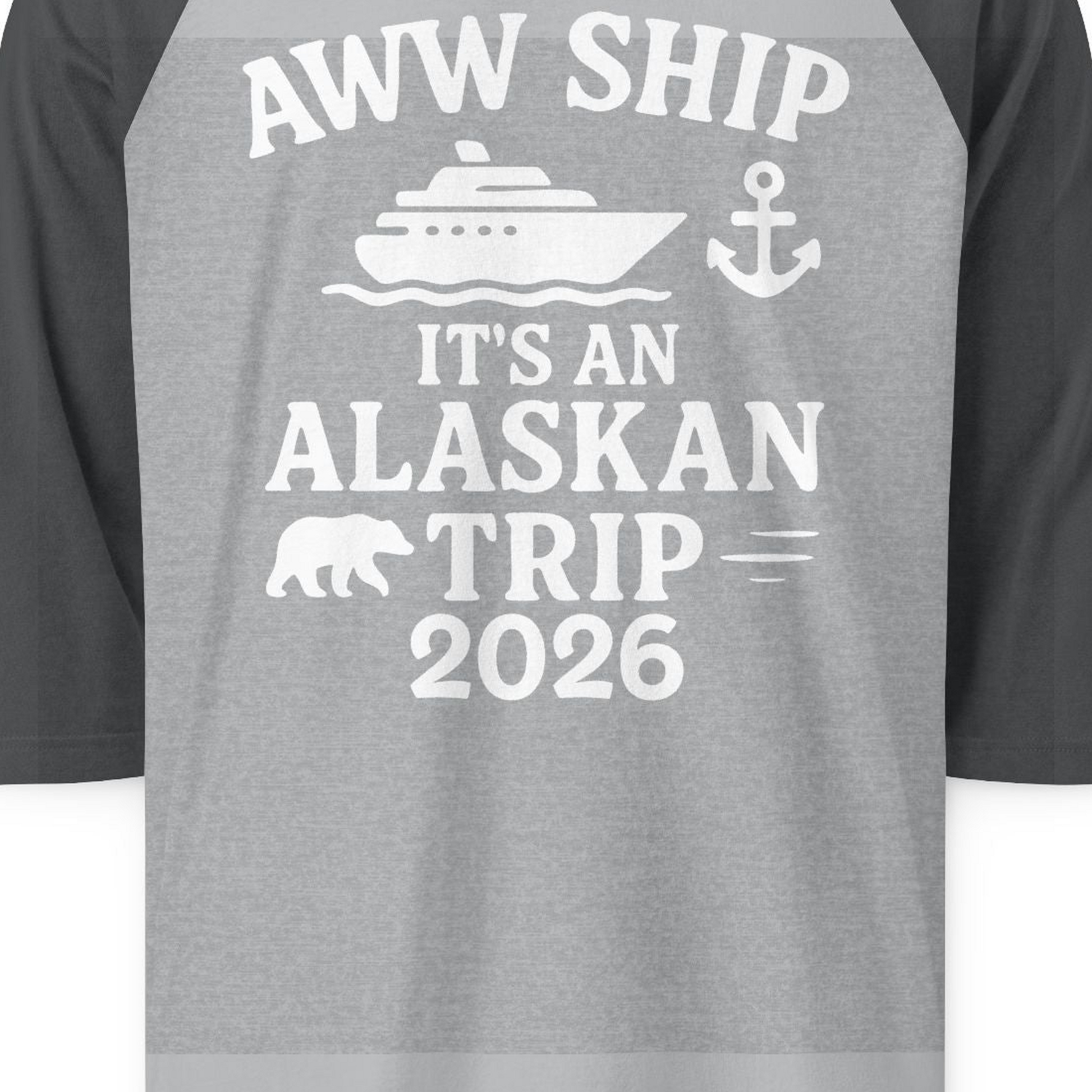 Alaska Cruise Shirt 3/4 Sleeve Raglan Shirt – Heather Grey/Heather Charcoal – Alaska Cruise Shirts Close Up