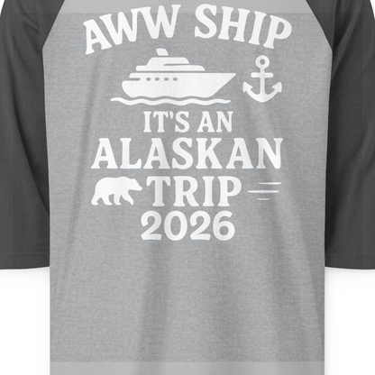 Alaska Cruise Shirt 3/4 Sleeve Raglan Shirt – Heather Grey/Heather Charcoal – Alaska Cruise Shirts Close Up