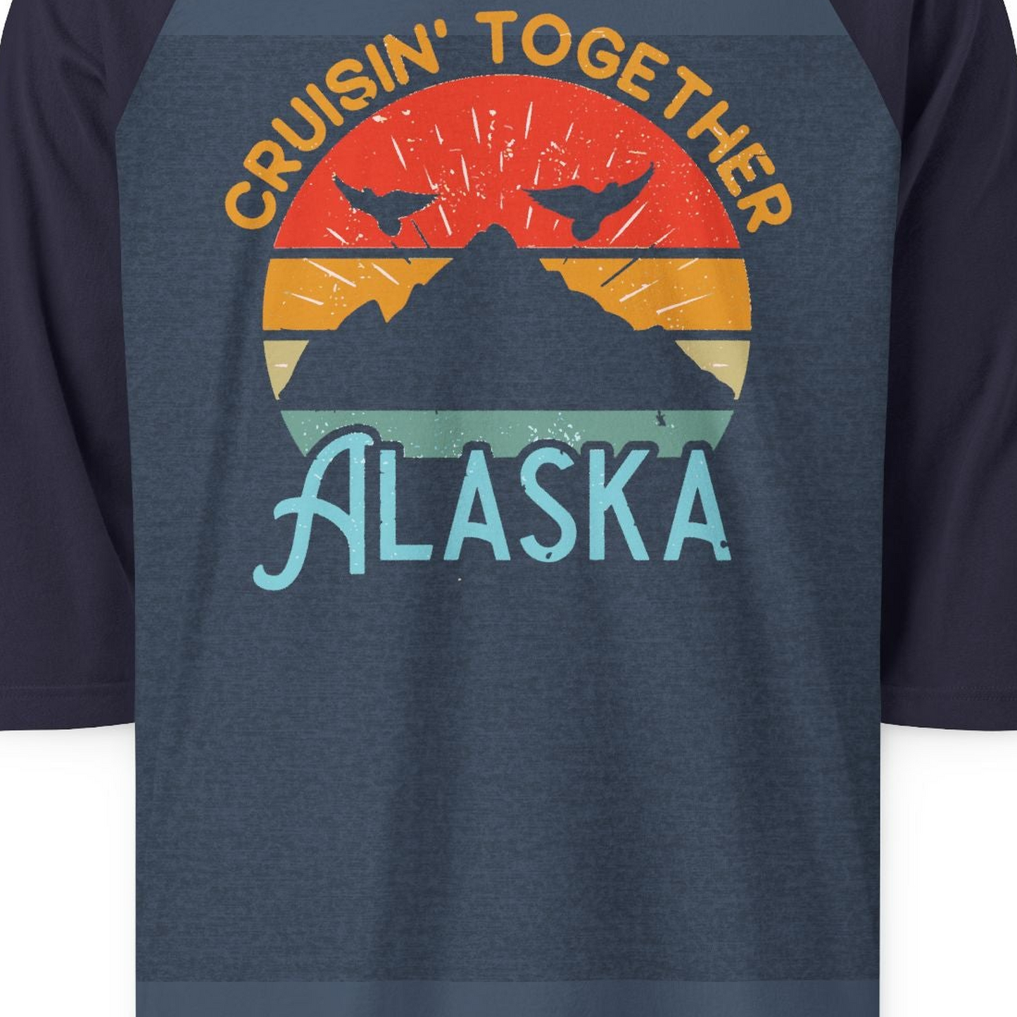 Retro Alaska Cruise Shirt 3/4 Sleeve Raglan Shirt – Heather Denim/Navy – Alaska Cruise Shirts Close Up