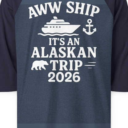 Alaska Cruise Shirt 3/4 Sleeve Raglan Shirt – Heather Denim/Navy – Alaska Cruise Shirts Close Up