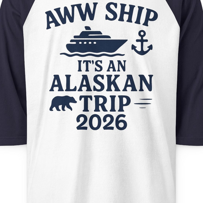 Alaska Cruise Shirt 3/4 Sleeve Raglan Shirt – White/Navy – Alaska Cruise Shirts Close Up