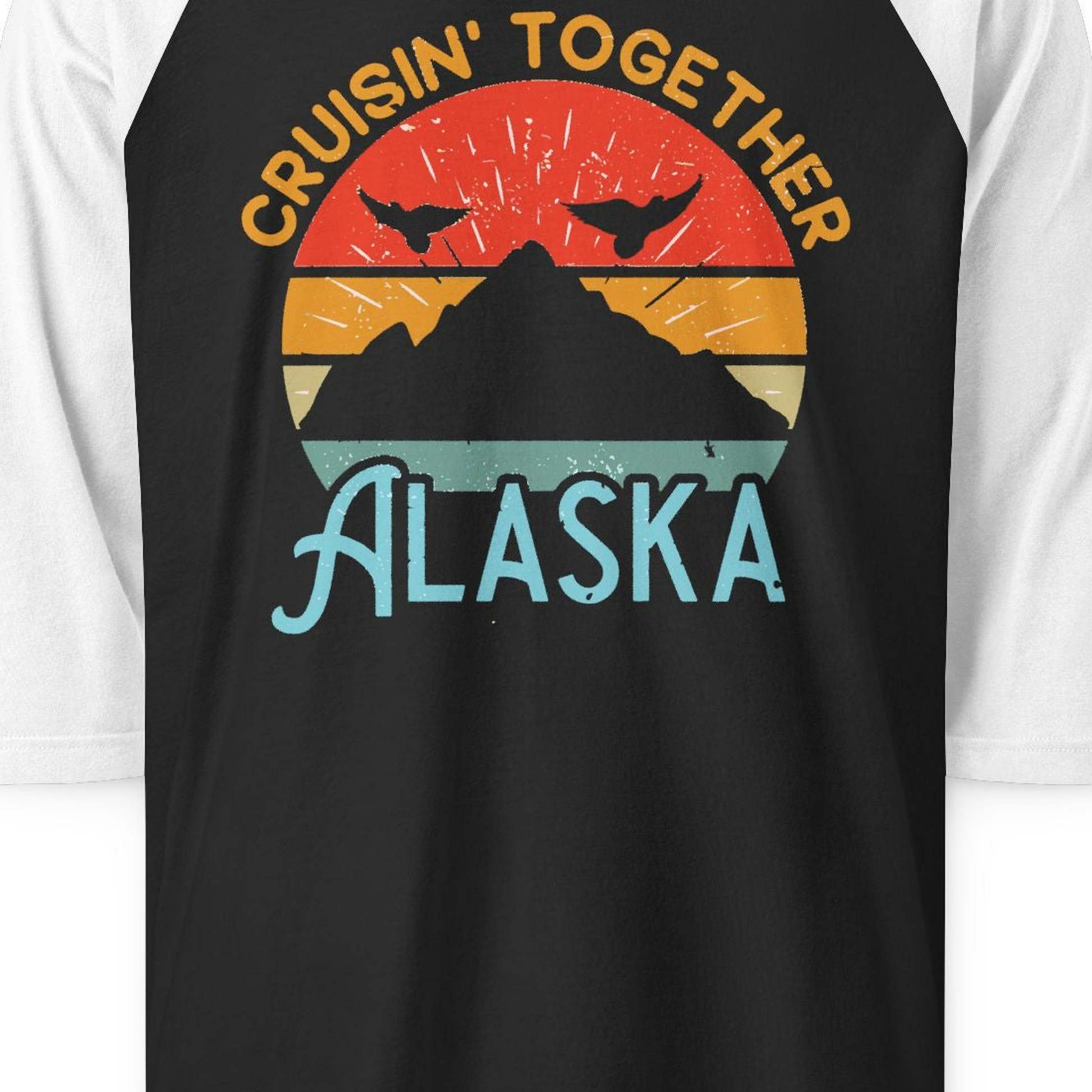 Retro Alaska Cruise Shirt 3/4 Sleeve Raglan Shirt – Black/White – Alaska Cruise Shirts Close Up