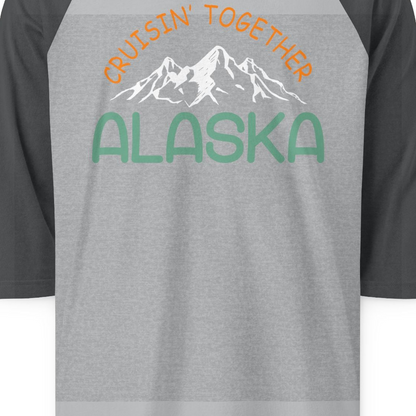 Cruisin Together Alaska Mountain Adventure Cruise Graphic Shirt — 3/4 Sleeve 3/4 Sleeve Raglan Shirt – Heather Grey/Heather Charcoal – Alaska Cruise Shirts Close Up