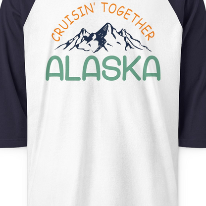 Cruisin Together Alaska Mountain Adventure Cruise Graphic Shirt — 3/4 Sleeve 3/4 Sleeve Raglan Shirt – White/Navy – Alaska Cruise Shirts Close Up