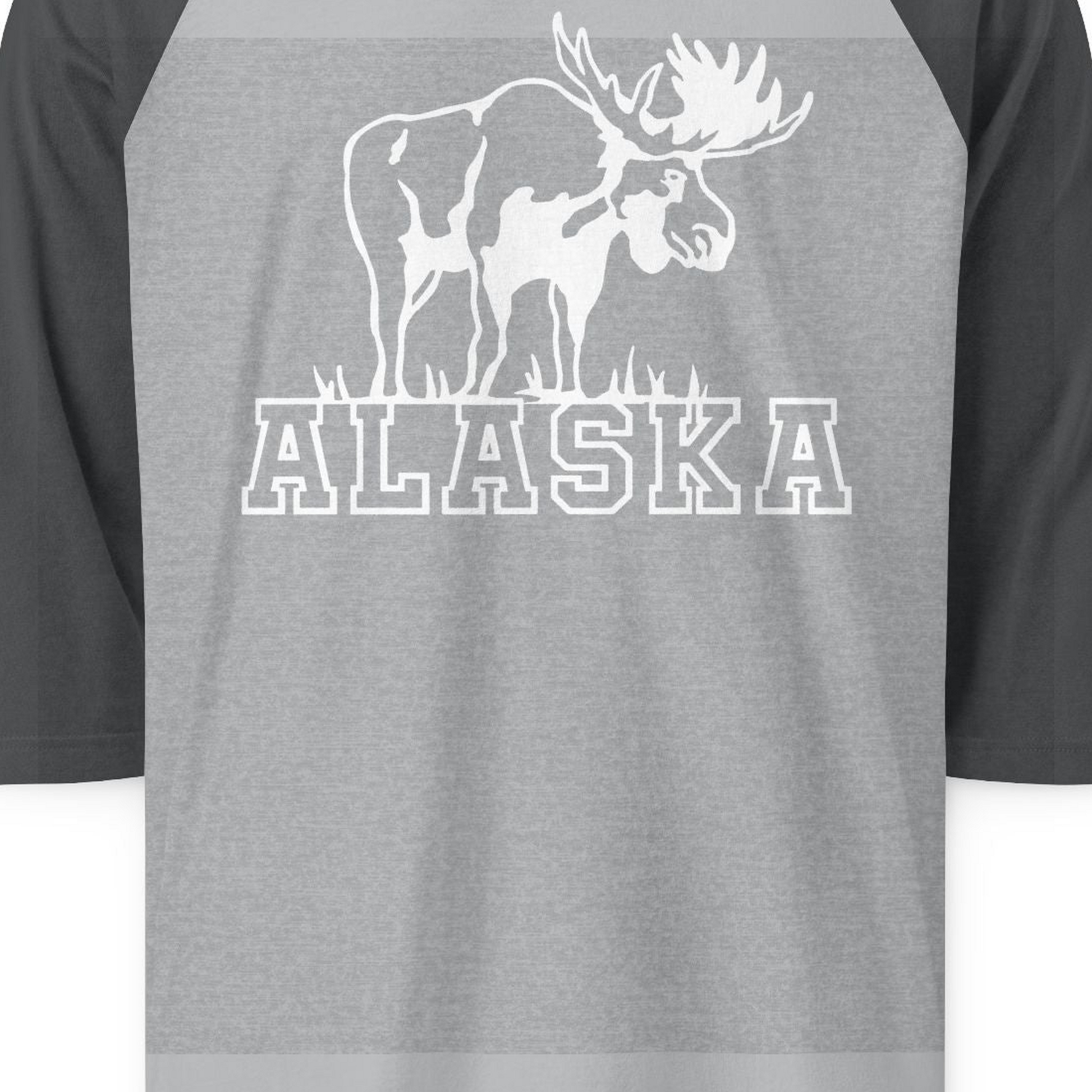 Alaska Moose Silhouette Shirt 3/4 Sleeve Raglan Shirt – Heather Grey/Heather Charcoal – Alaska Cruise Shirts Close Up
