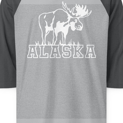 Alaska Moose Silhouette Shirt 3/4 Sleeve Raglan Shirt – Heather Grey/Heather Charcoal – Alaska Cruise Shirts Close Up