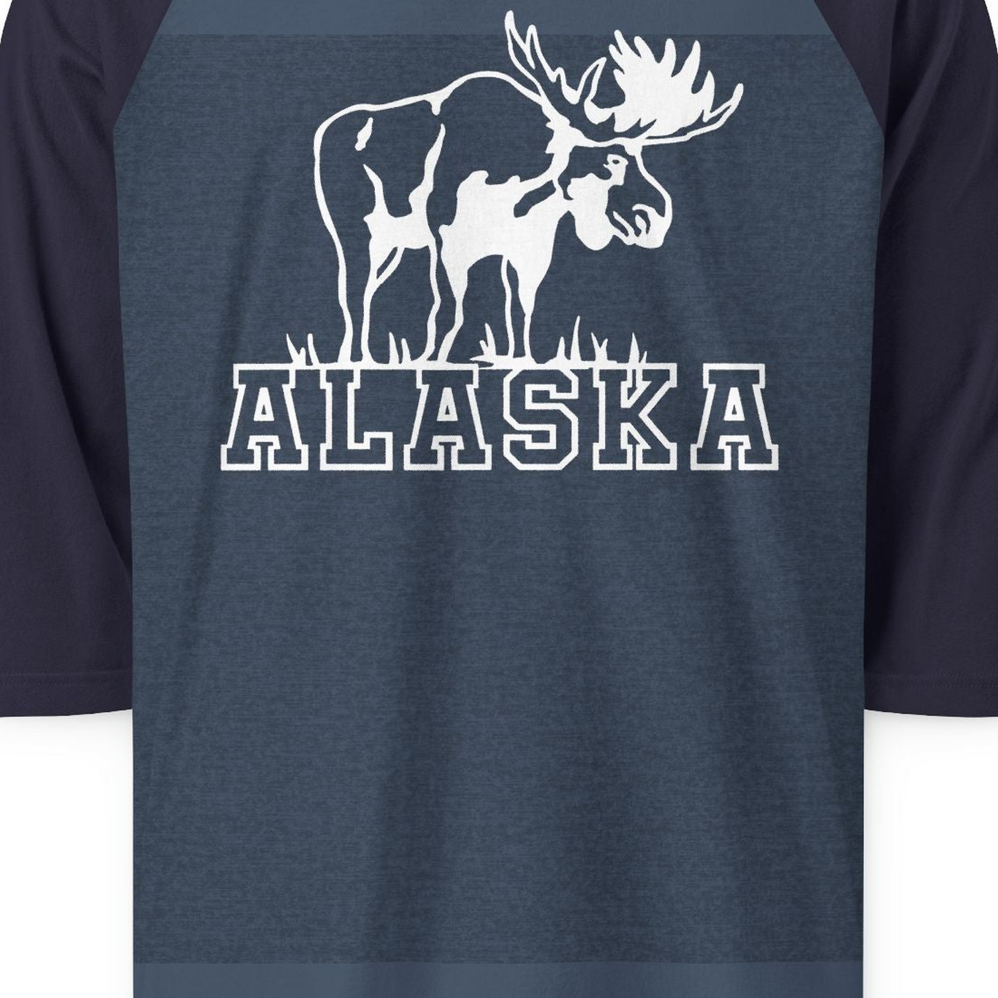 Alaska Moose Silhouette Shirt 3/4 Sleeve Raglan Shirt – Heather Denim/Navy – Alaska Cruise Shirts Close Up
