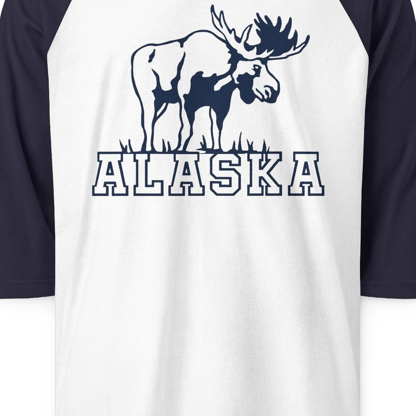 Alaska Moose Silhouette Shirt 3/4 Sleeve Raglan Shirt – White/Navy – Alaska Cruise Shirts Close Up