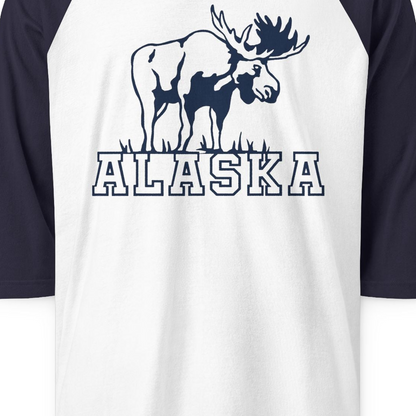 Alaska Moose Silhouette Shirt 3/4 Sleeve Raglan Shirt – White/Navy – Alaska Cruise Shirts Close Up