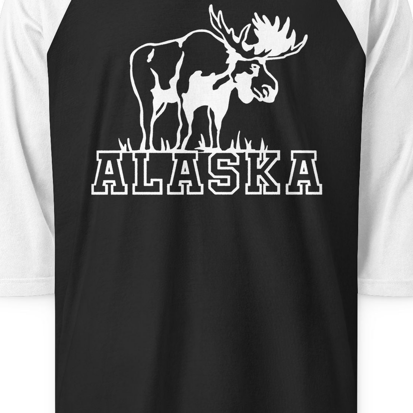 Alaska Moose Silhouette Shirt 3/4 Sleeve Raglan Shirt – Black/White – Alaska Cruise Shirts Close Up