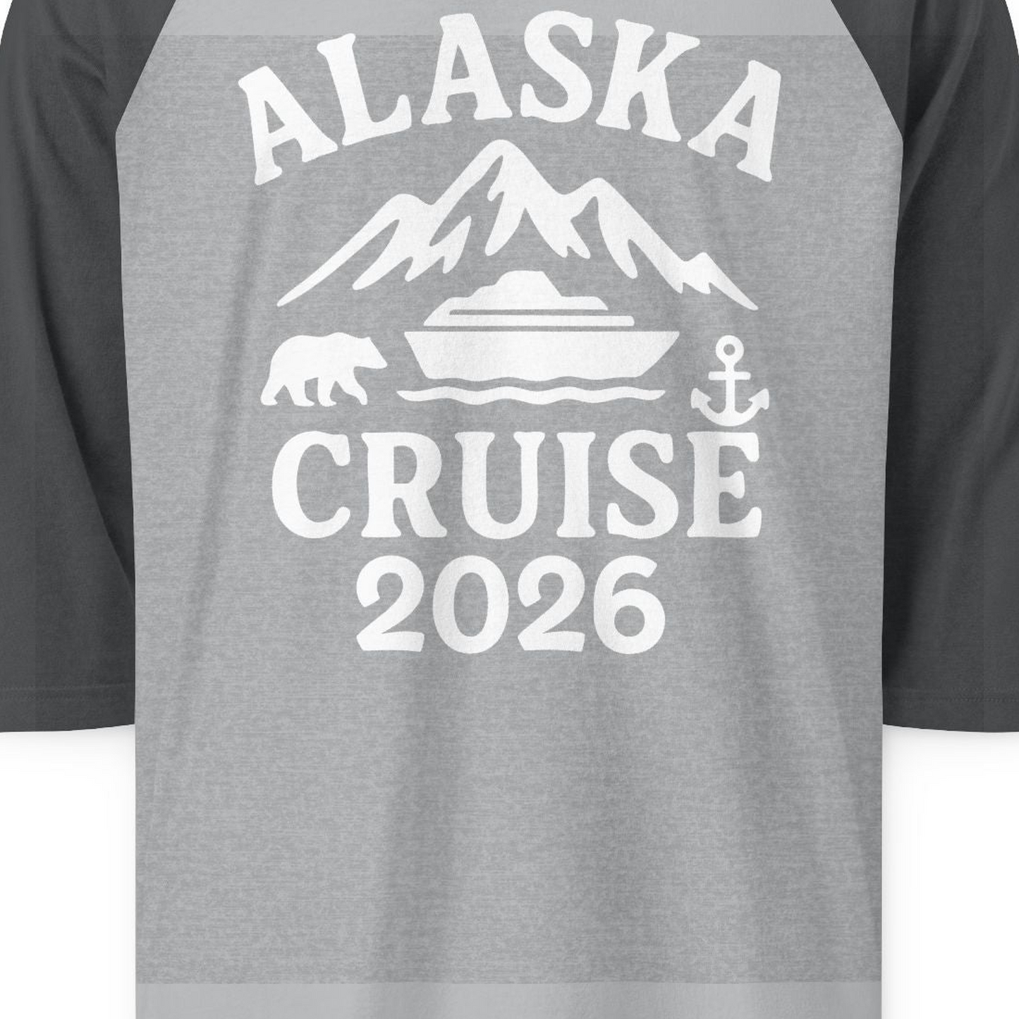 Alaska Cruise 2026 Shirt 3/4 Sleeve Raglan Shirt – Heather Grey/Heather Charcoal – Alaska Cruise Shirts Close Up