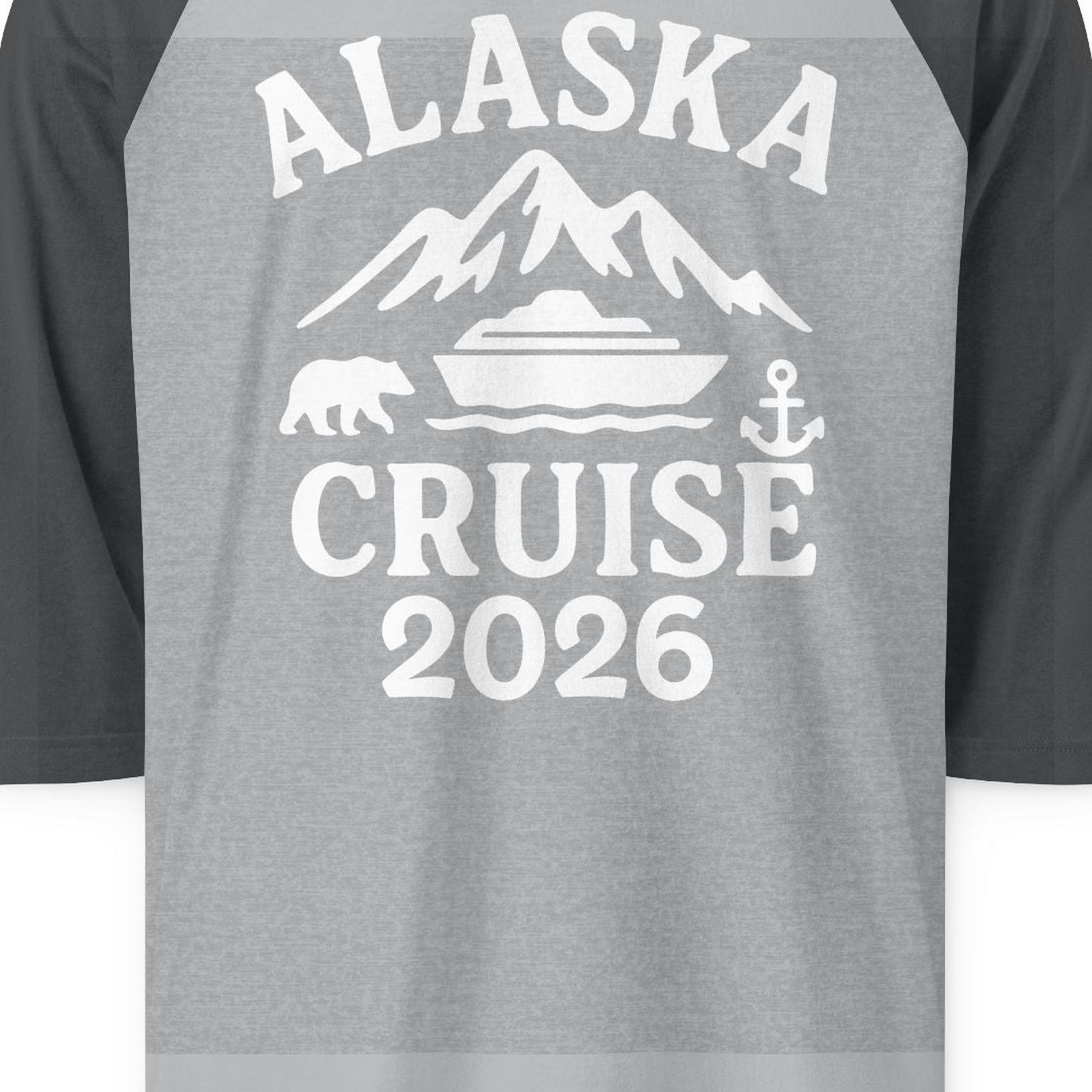 Alaska Cruise 2026 Shirt 3/4 Sleeve Raglan Shirt – Heather Grey/Heather Charcoal – Alaska Cruise Shirts Close Up