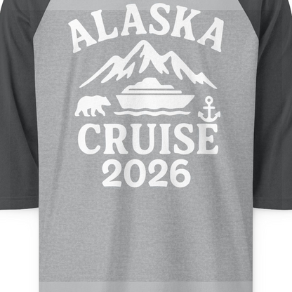 Alaska Cruise 2026 Shirt 3/4 Sleeve Raglan Shirt – Heather Grey/Heather Charcoal – Alaska Cruise Shirts Close Up