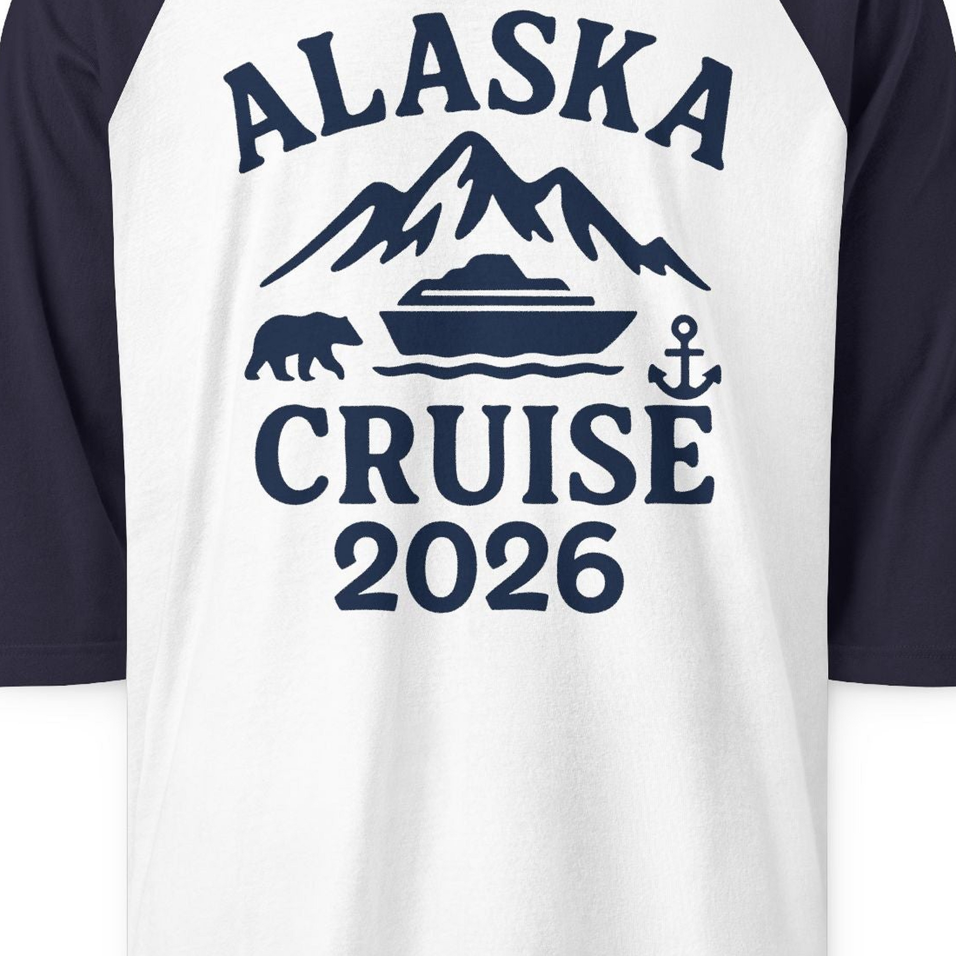 Alaska Cruise 2026 Shirt 3/4 Sleeve Raglan Shirt – White/Navy – Alaska Cruise Shirts Close Up