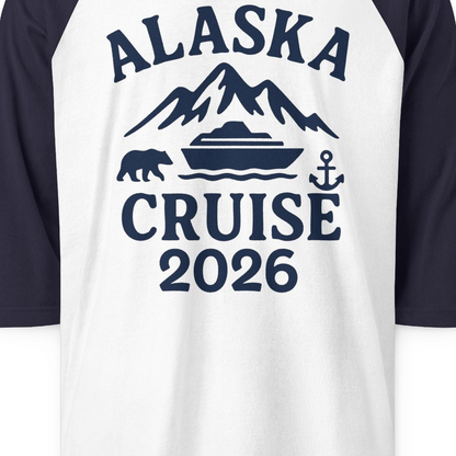 Alaska Cruise 2026 Shirt 3/4 Sleeve Raglan Shirt – White/Navy – Alaska Cruise Shirts Close Up