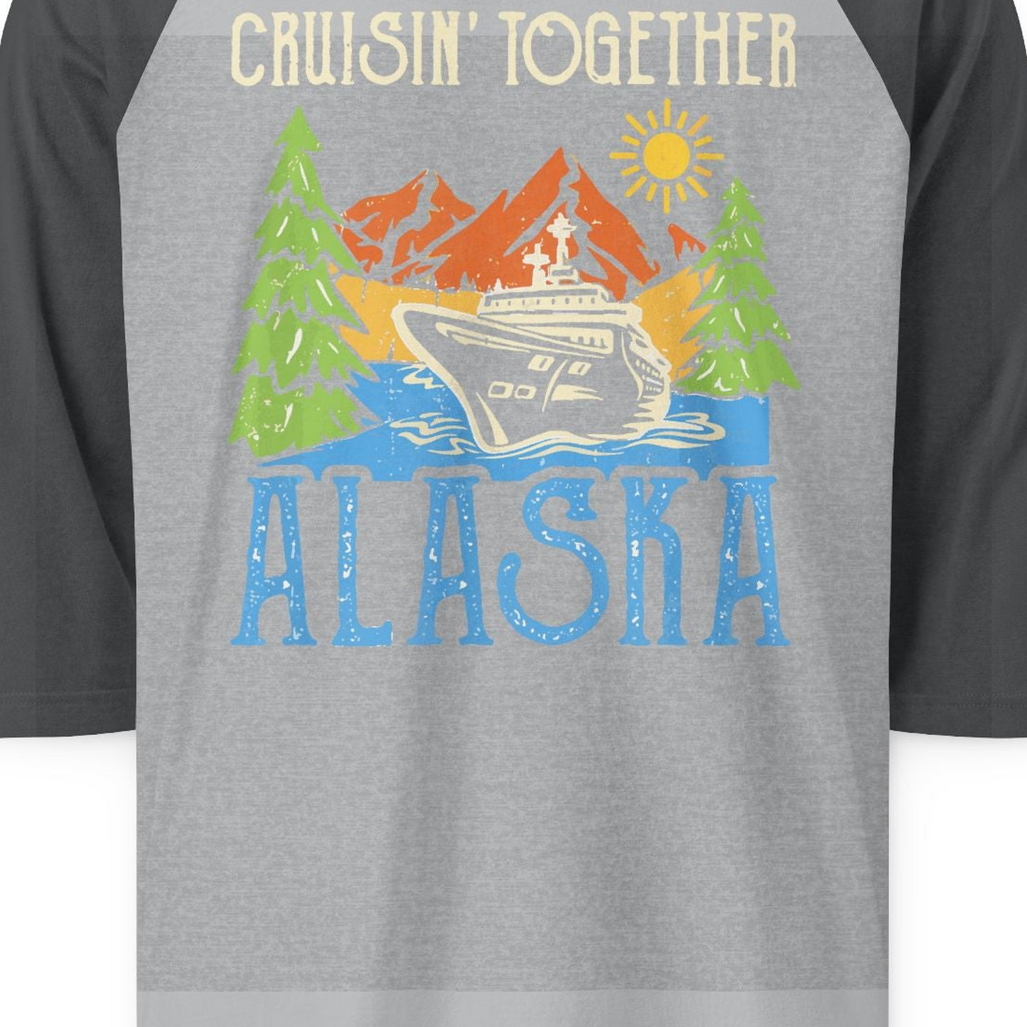 Alaska Cruise Adventure Nature Landscape Retro Family Shirt — 3/4 Sleeve 3/4 Sleeve Raglan Shirt – Heather Grey/Heather Charcoal – Alaska Cruise Shirts Close Up