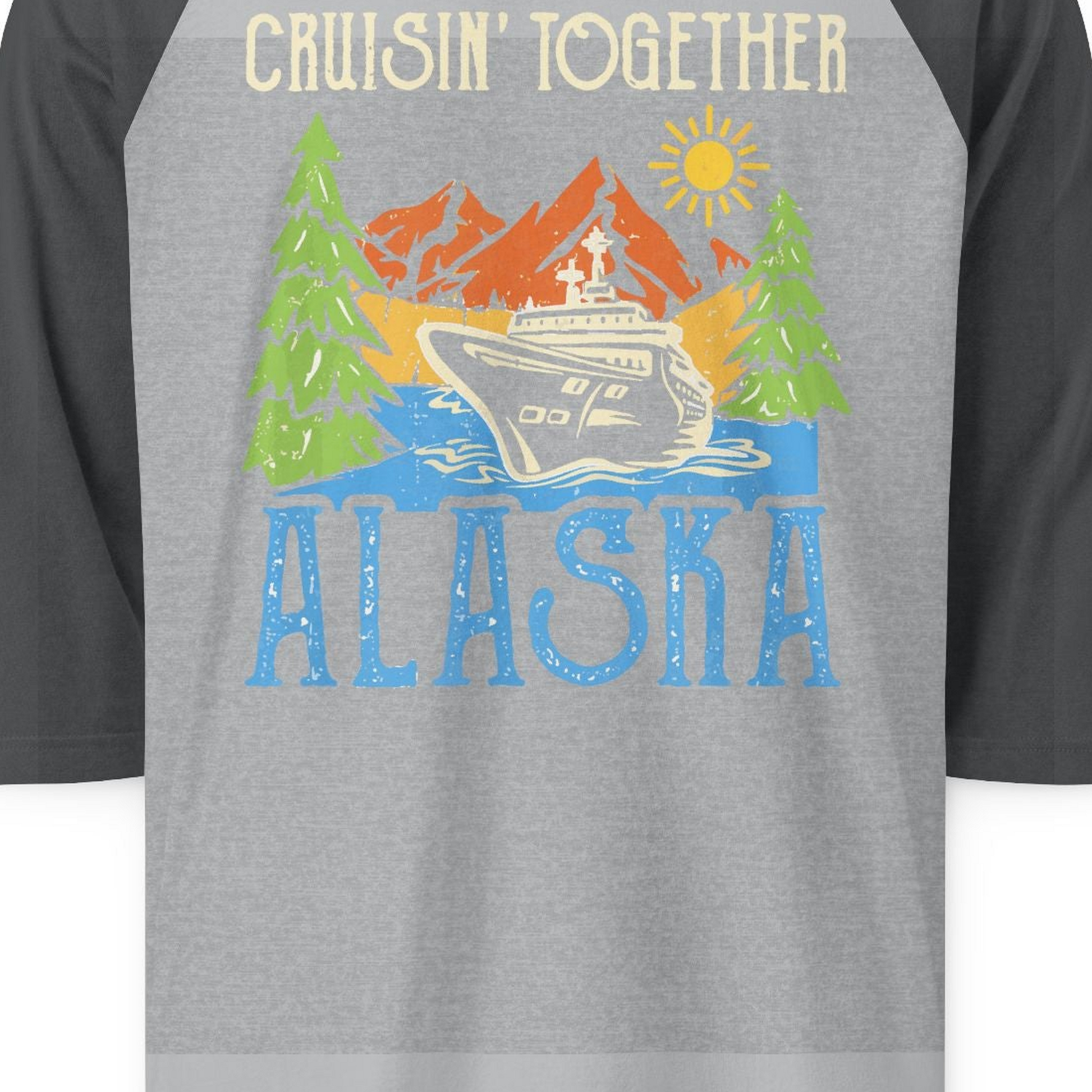 Alaska Cruise Adventure Nature Landscape Retro Family Shirt — 3/4 Sleeve 3/4 Sleeve Raglan Shirt – Heather Grey/Heather Charcoal – Alaska Cruise Shirts Close Up