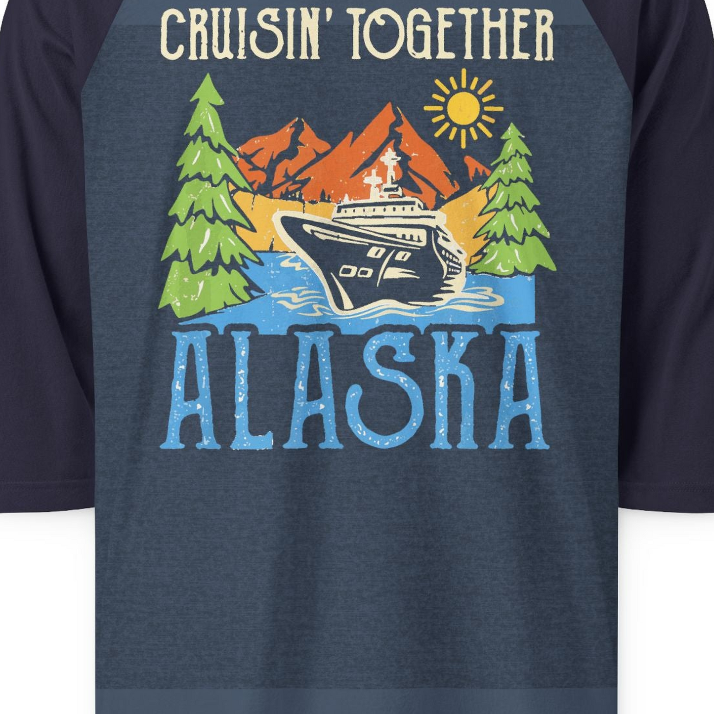 Alaska Cruise Adventure Nature Landscape Retro Family Shirt — 3/4 Sleeve 3/4 Sleeve Raglan Shirt – Heather Denim/Navy – Alaska Cruise Shirts Close Up
