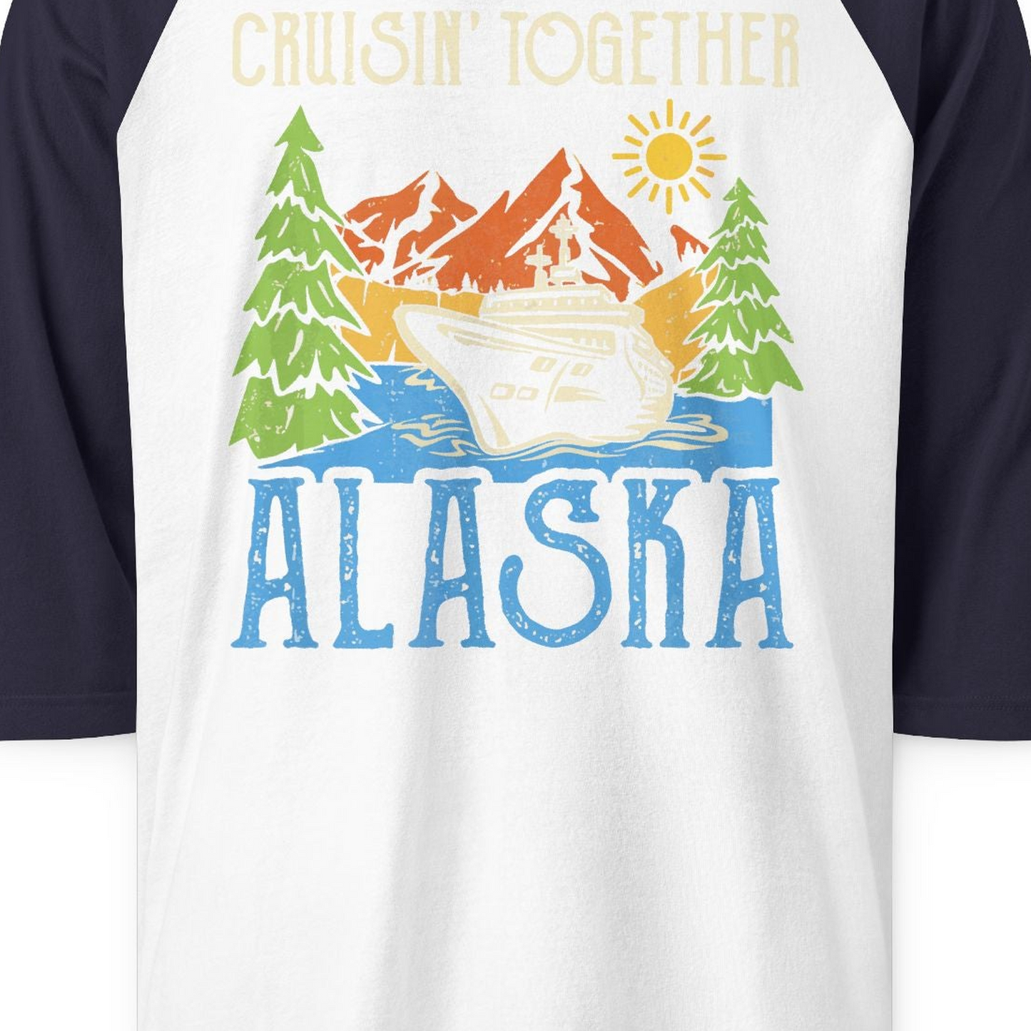 Alaska Cruise Adventure Nature Landscape Retro Family Shirt — 3/4 Sleeve 3/4 Sleeve Raglan Shirt – White/Navy – Alaska Cruise Shirts Close Up