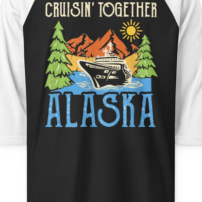 Alaska Cruise Adventure Nature Landscape Retro Family Shirt — 3/4 Sleeve 3/4 Sleeve Raglan Shirt – Black/White – Alaska Cruise Shirts Close Up