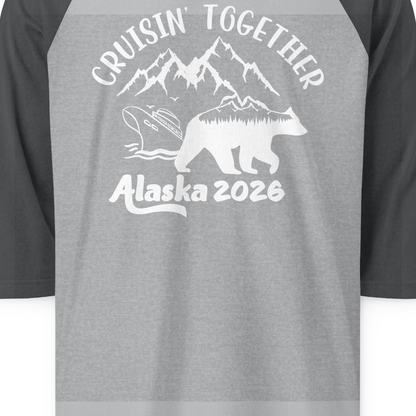 Cruisin Together Alaska 2026 Bear Mountain Group Cruise Shirt — 3/4 Sleeve 3/4 Sleeve Raglan Shirt – Heather Grey/Heather Charcoal – Alaska Cruise Shirts Close Up