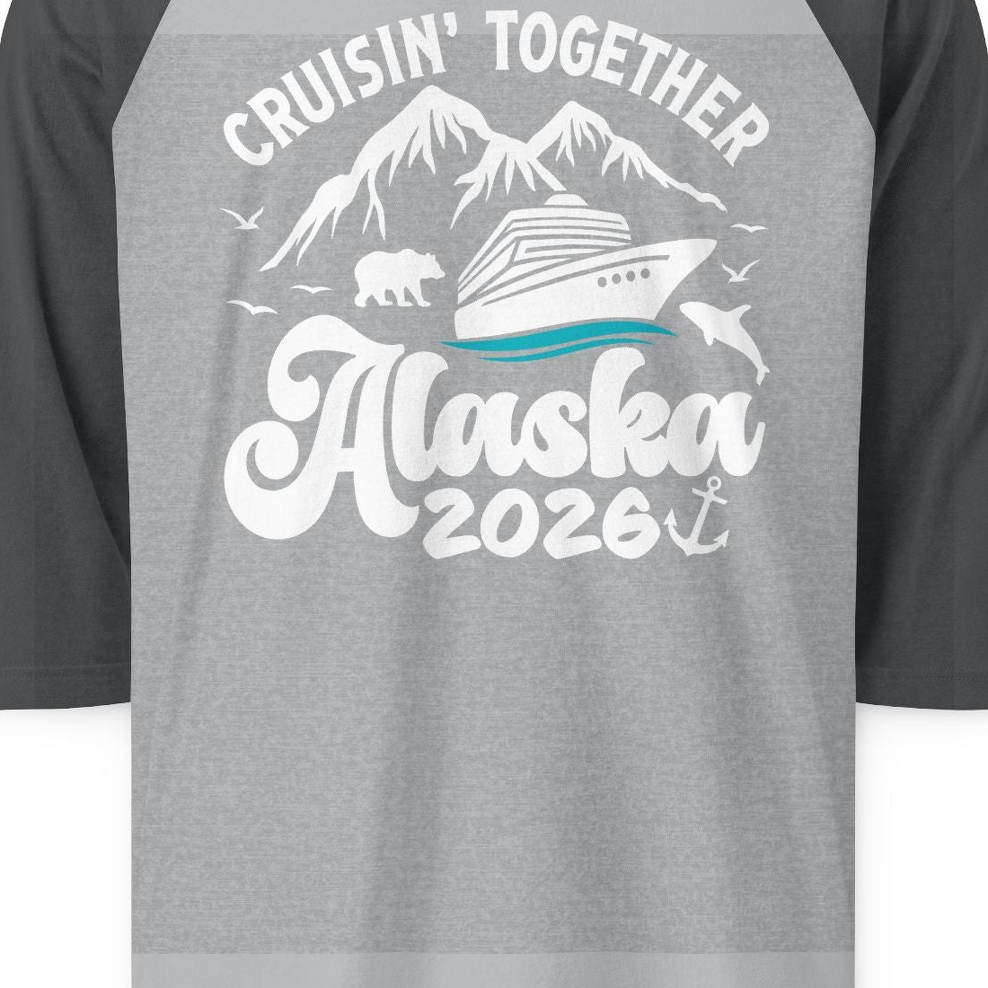 Alaska Cruise Adventure Shirt 3/4 Sleeve Raglan Shirt – Heather Grey/Heather Charcoal – Alaska Cruise Shirts Close Up