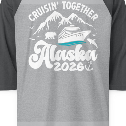 Alaska Cruise Adventure Shirt 3/4 Sleeve Raglan Shirt – Heather Grey/Heather Charcoal – Alaska Cruise Shirts Close Up