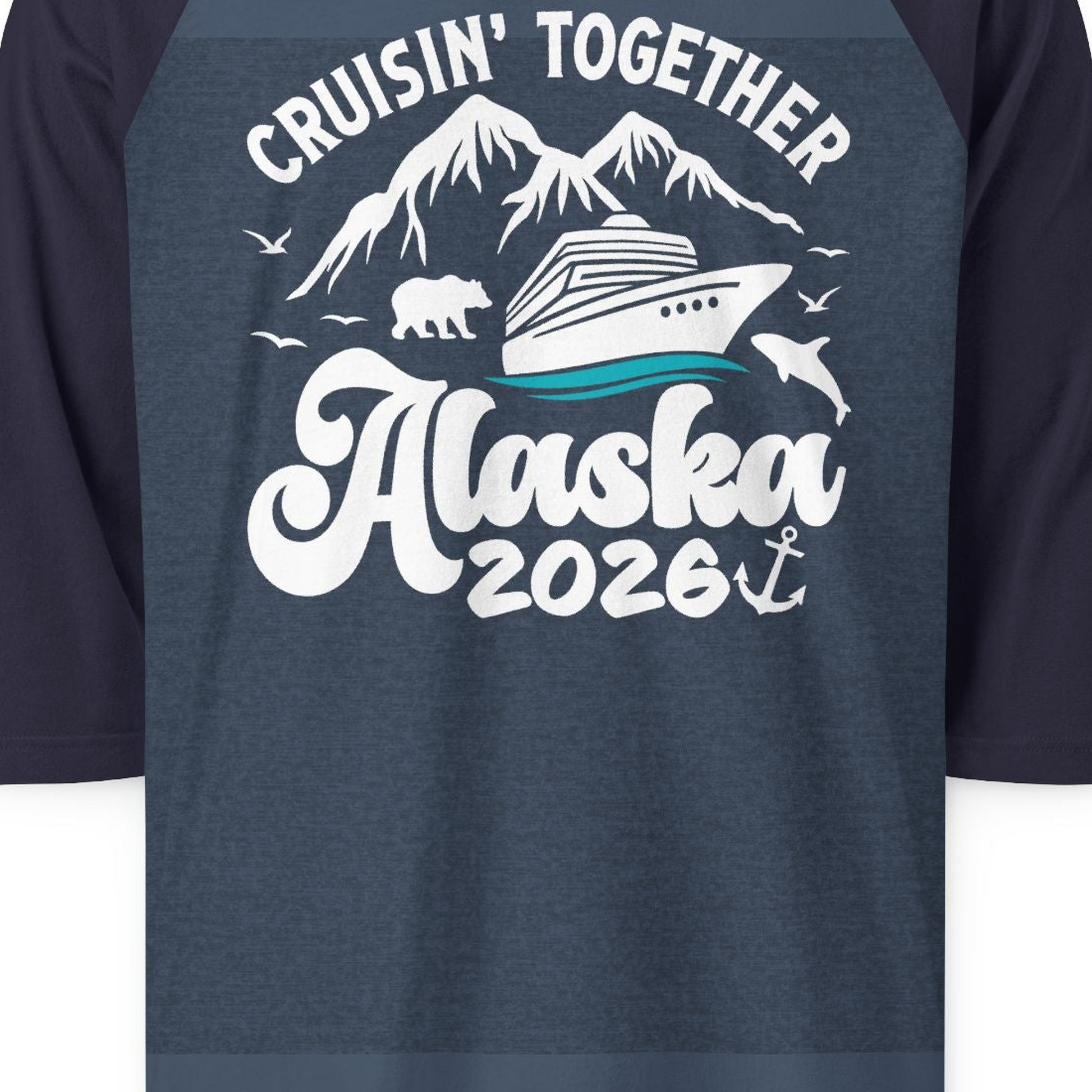 Alaska Cruise Adventure Shirt 3/4 Sleeve Raglan Shirt – Heather Denim/Navy – Alaska Cruise Shirts Close Up