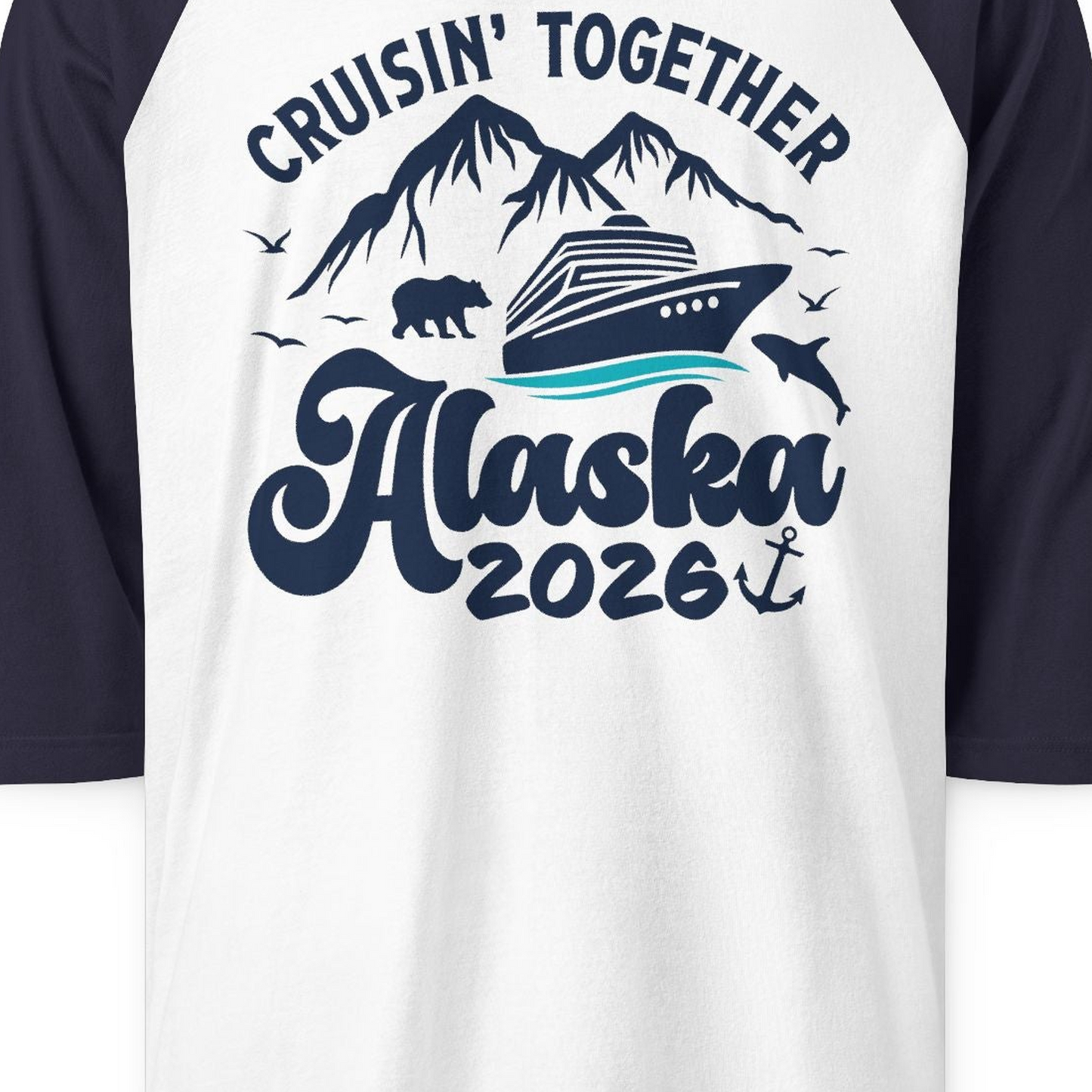 Alaska Cruise Adventure Shirt 3/4 Sleeve Raglan Shirt – White/Navy – Alaska Cruise Shirts Close Up