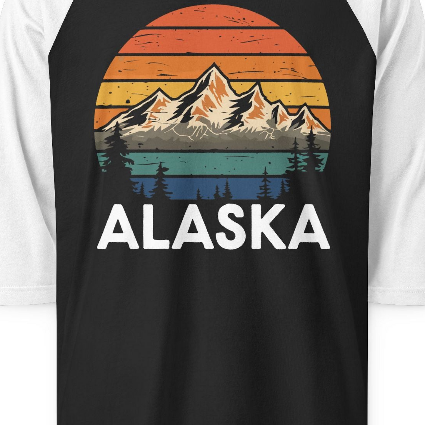 Retro Alaska Mountain Scenery Shirt 3/4 Sleeve Raglan Shirt – Black/White – Alaska Cruise Shirts Close Up