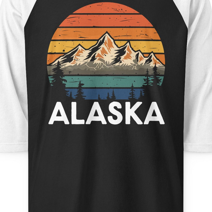 Retro Alaska Mountain Scenery Shirt 3/4 Sleeve Raglan Shirt – Black/White – Alaska Cruise Shirts Close Up