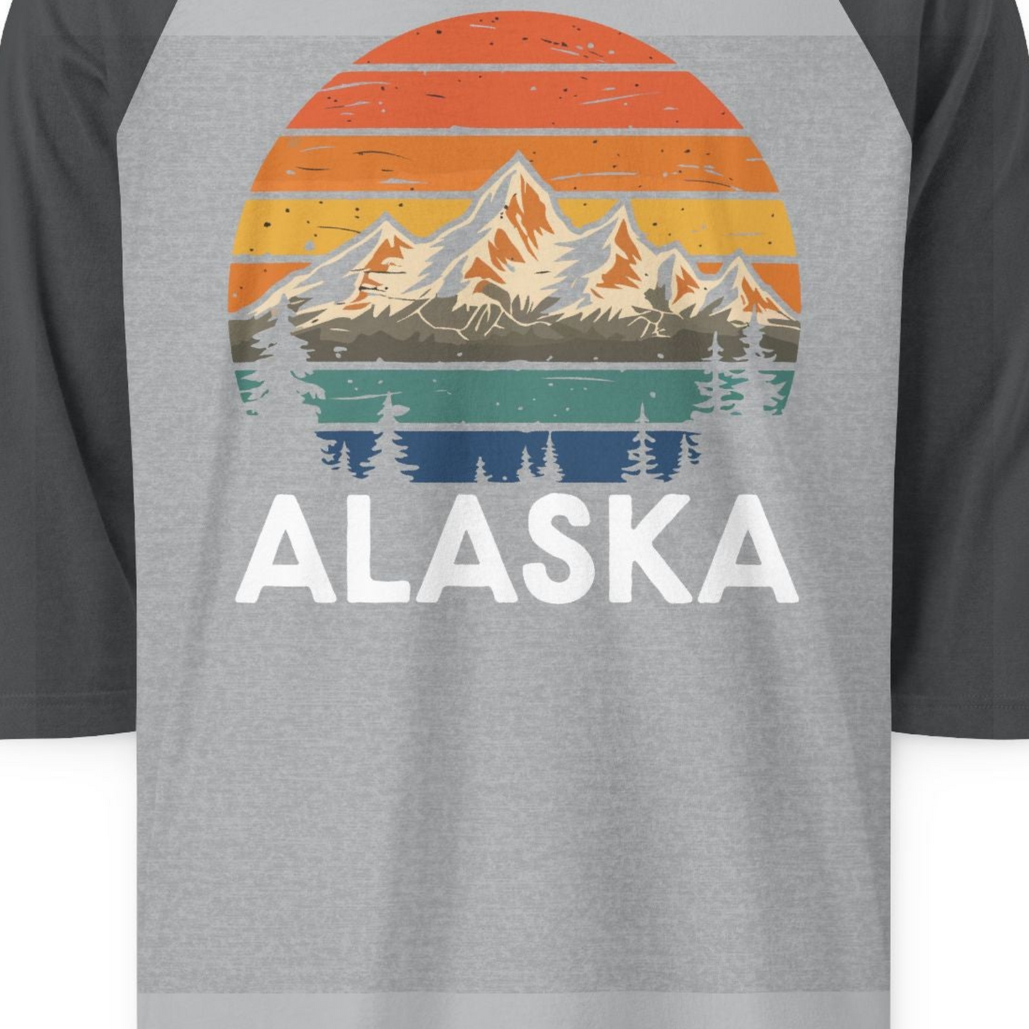 Retro Alaska Mountain Scenery Shirt 3/4 Sleeve Raglan Shirt – Heather Grey/Heather Charcoal – Alaska Cruise Shirts Close Up