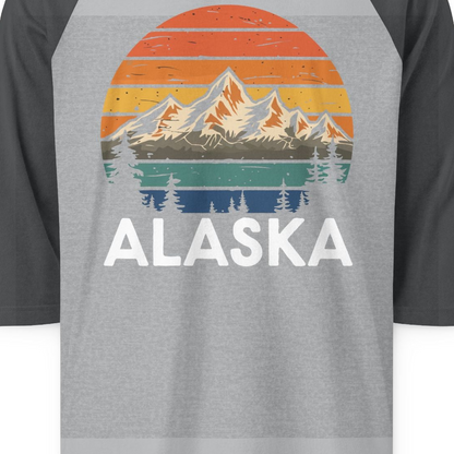 Retro Alaska Mountain Scenery Shirt 3/4 Sleeve Raglan Shirt – Heather Grey/Heather Charcoal – Alaska Cruise Shirts Close Up