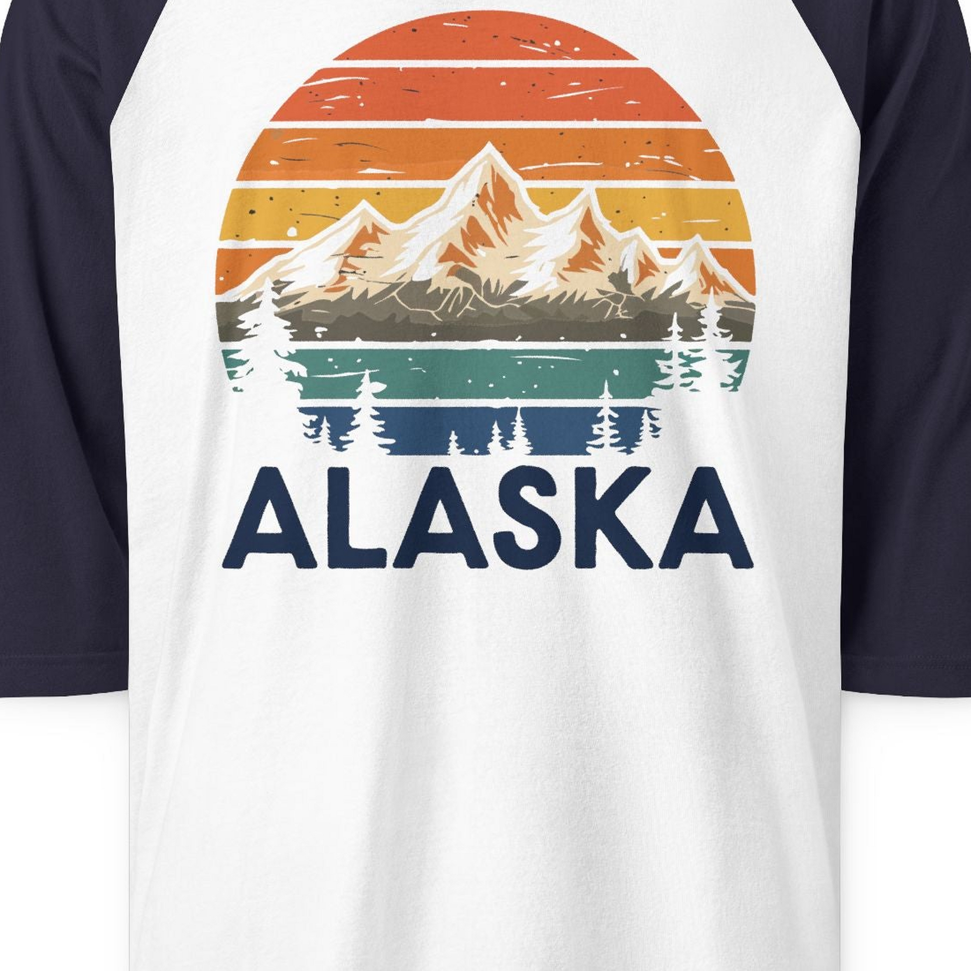 Retro Alaska Mountain Scenery Shirt 3/4 Sleeve Raglan Shirt – White/Navy – Alaska Cruise Shirts Close Up
