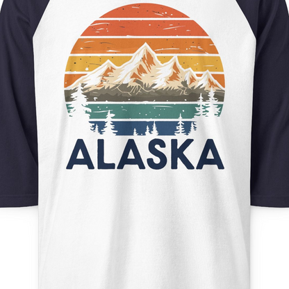 Retro Alaska Mountain Scenery Shirt 3/4 Sleeve Raglan Shirt – White/Navy – Alaska Cruise Shirts Close Up