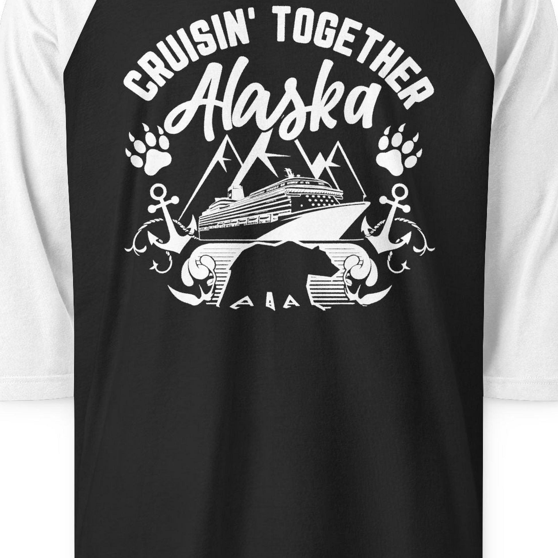 Alaska Cruise Adventure Shirt 3/4 Sleeve Raglan Shirt – Black/White – Alaska Cruise Shirts Close Up