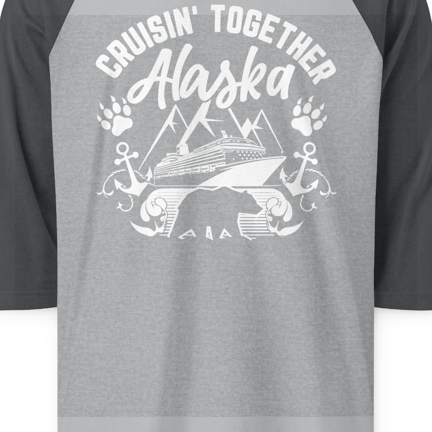 Alaska Cruise Adventure Shirt 3/4 Sleeve Raglan Shirt – Heather Grey/Heather Charcoal – Alaska Cruise Shirts Close Up