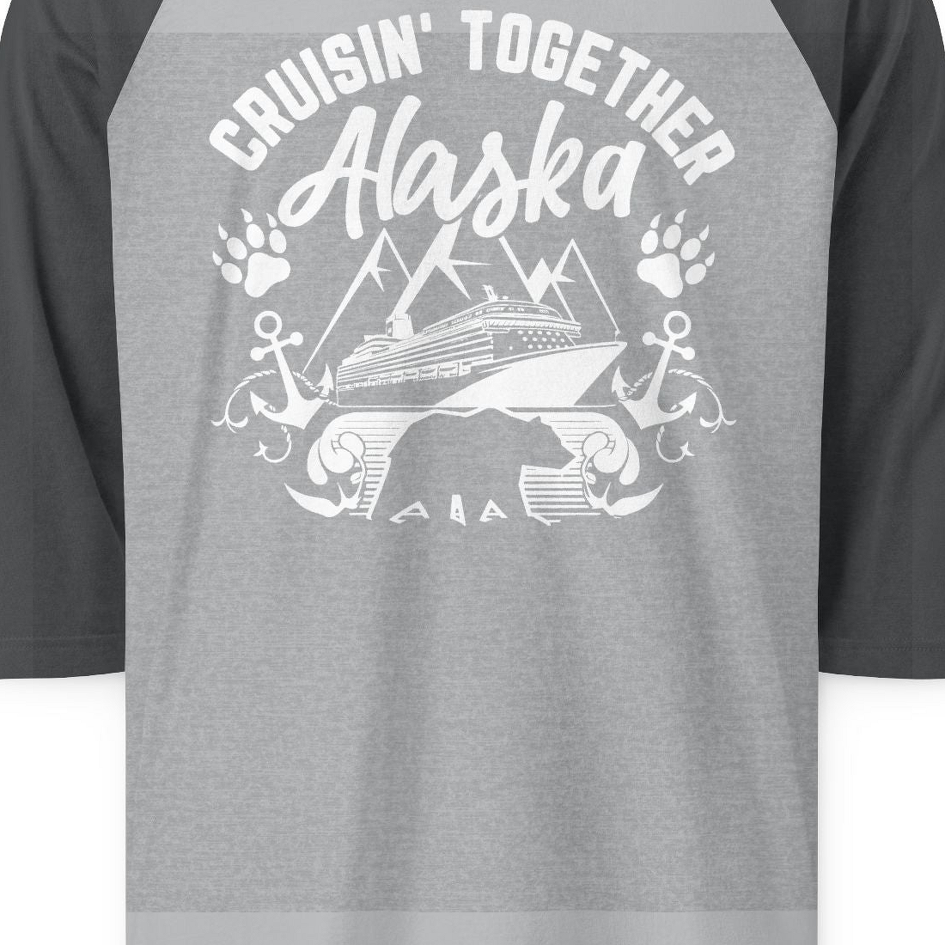 Alaska Cruise Adventure Shirt 3/4 Sleeve Raglan Shirt – Heather Grey/Heather Charcoal – Alaska Cruise Shirts Close Up