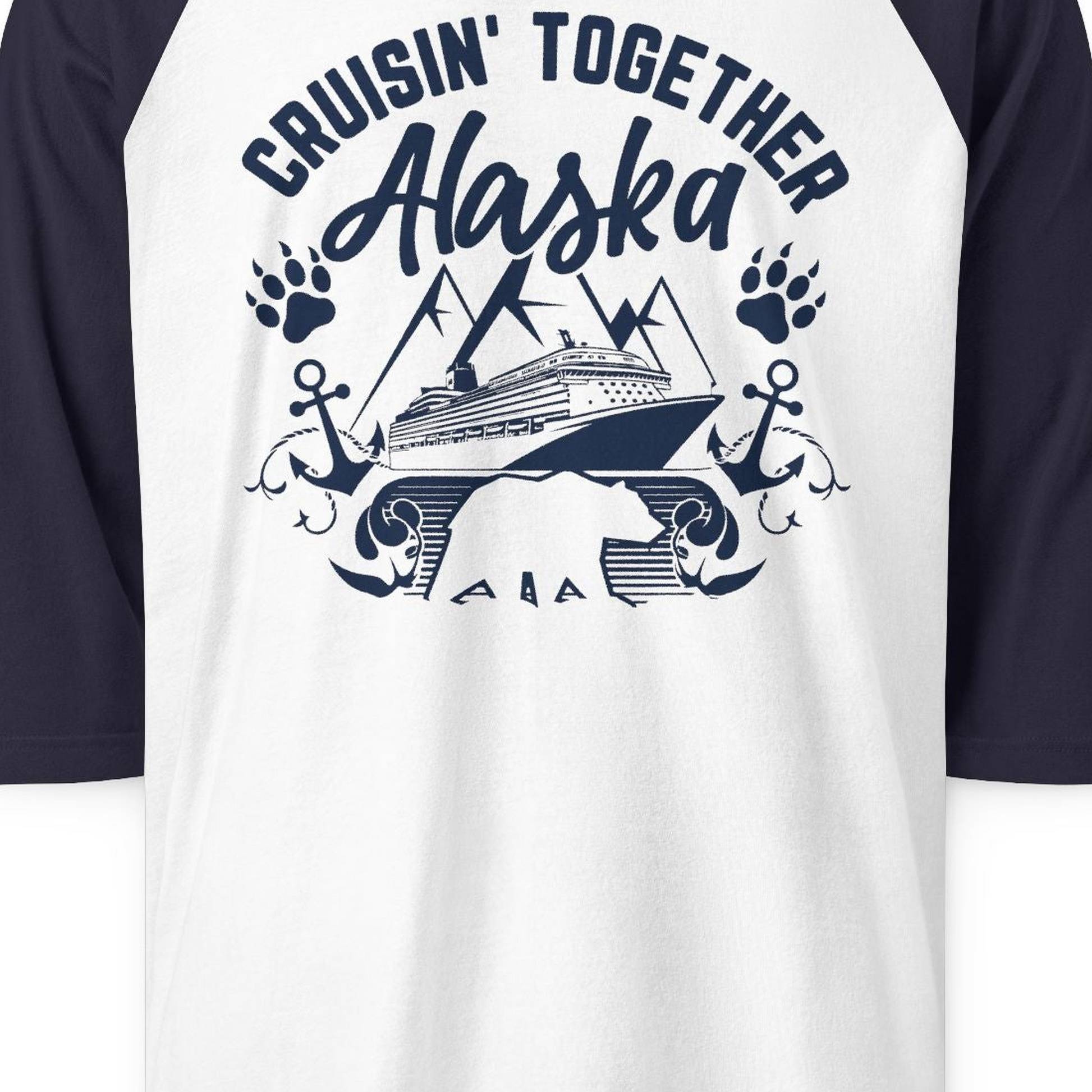 Alaska Cruise Adventure Shirt 3/4 Sleeve Raglan Shirt – White/Navy – Alaska Cruise Shirts Close Up