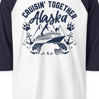 Alaska Cruise Adventure Shirt 3/4 Sleeve Raglan Shirt – White/Navy – Alaska Cruise Shirts Close Up