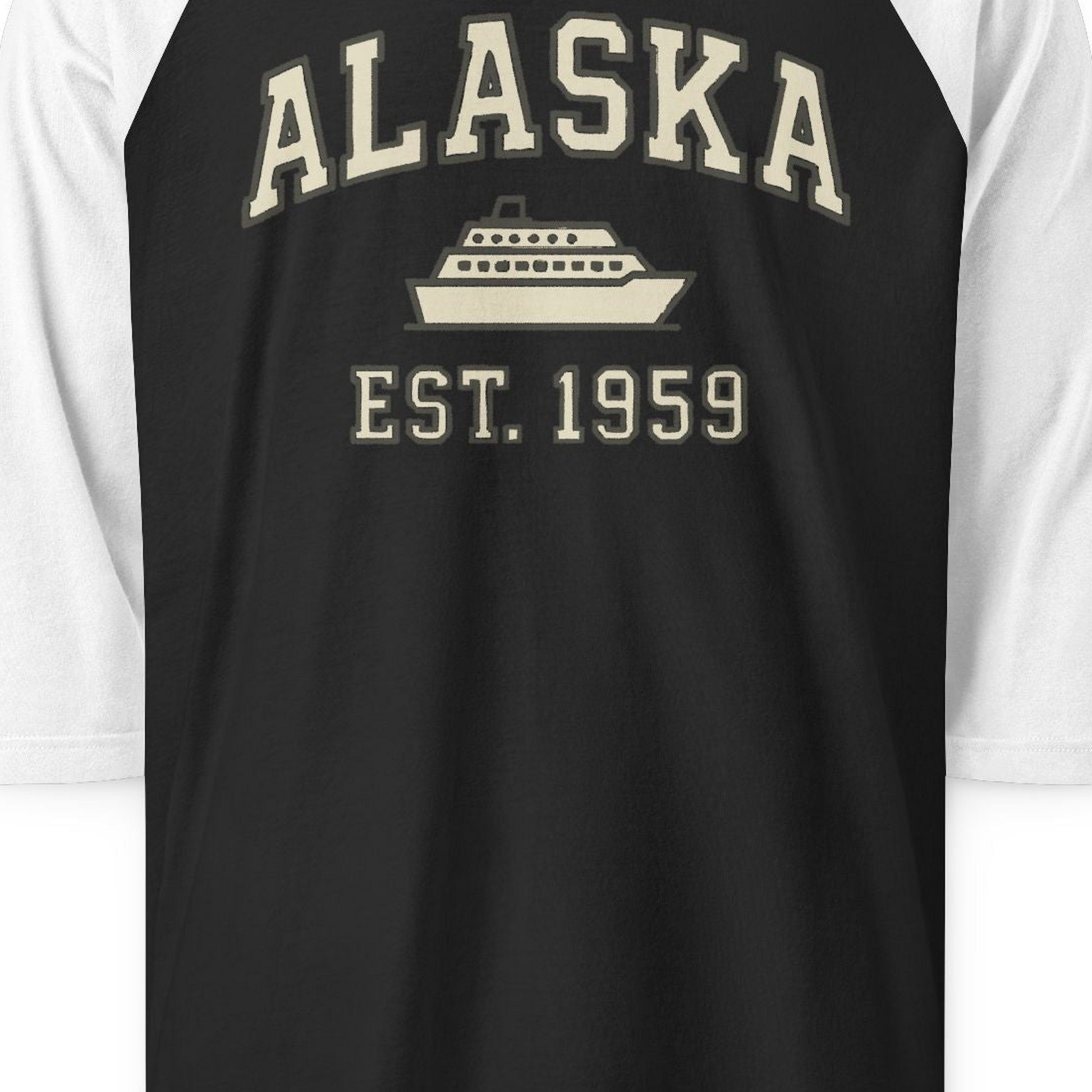 Alaska Cruise Shirt 3/4 Sleeve Raglan Shirt – Black/White – Alaska Cruise Shirts Close Up