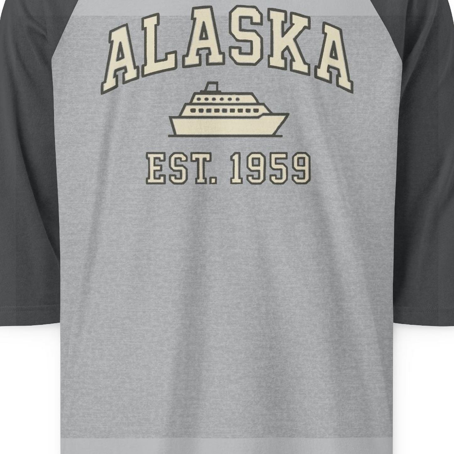 Alaska Cruise Shirt 3/4 Sleeve Raglan Shirt – Heather Grey/Heather Charcoal – Alaska Cruise Shirts Close Up