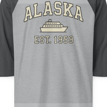 Alaska Cruise Shirt 3/4 Sleeve Raglan Shirt – Heather Grey/Heather Charcoal – Alaska Cruise Shirts Close Up