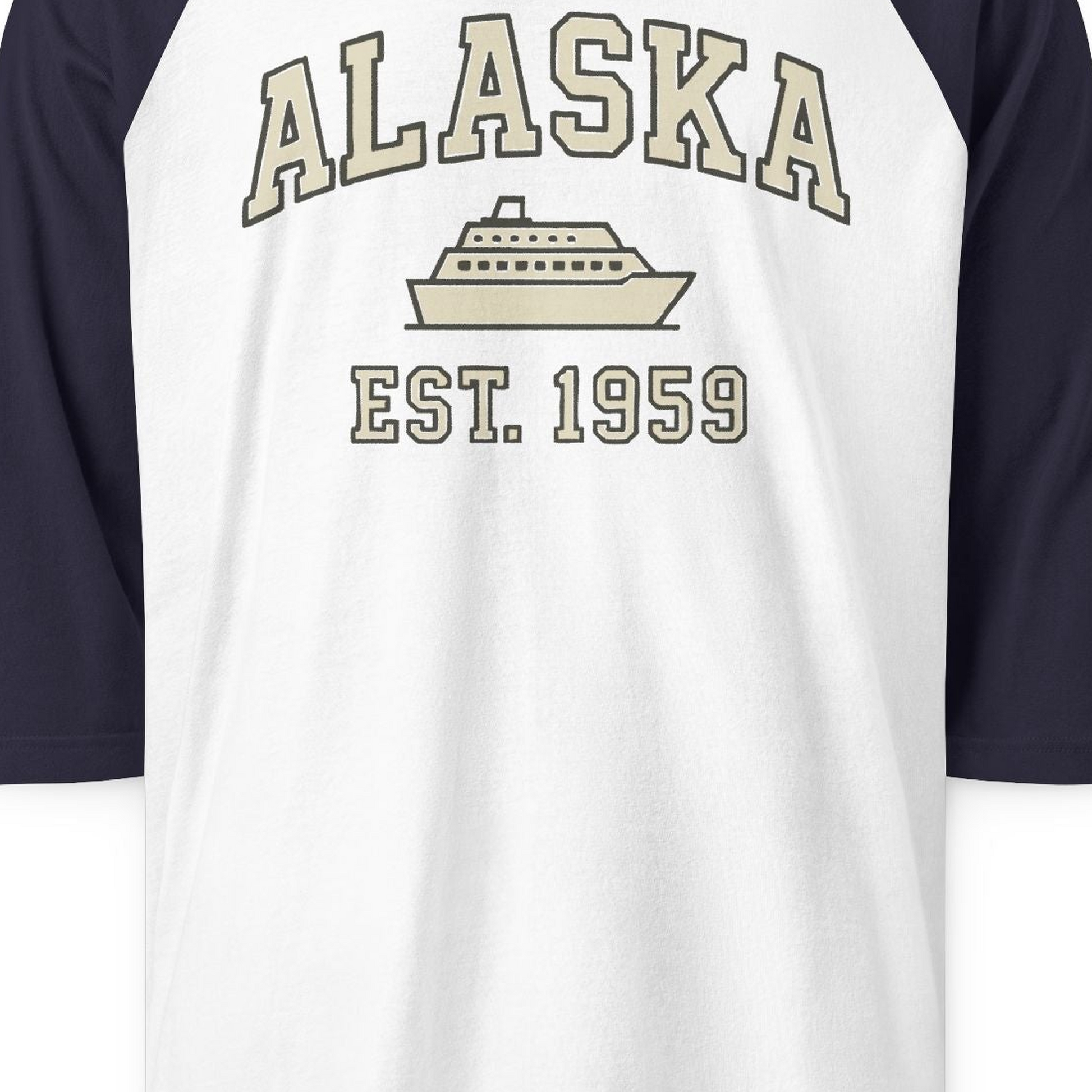 Alaska Cruise Shirt 3/4 Sleeve Raglan Shirt – White/Navy – Alaska Cruise Shirts Close Up