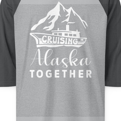 Cruising Alaska Together Mountains and Ship Family Cruise Shirt — 3/4 Sleeve 3/4 Sleeve Raglan Shirt – Heather Grey/Heather Charcoal – Alaska Cruise Shirts Close Up
