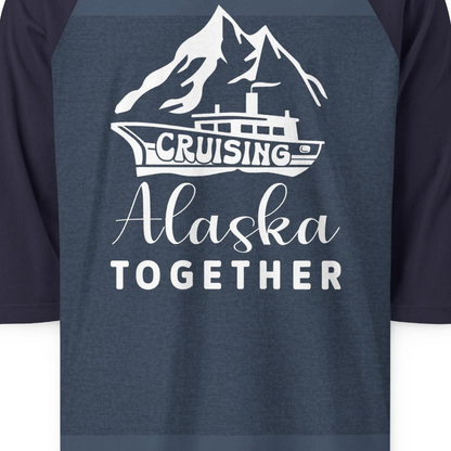 Cruising Alaska Together Mountains and Ship Family Cruise Shirt — 3/4 Sleeve 3/4 Sleeve Raglan Shirt – Heather Denim/Navy – Alaska Cruise Shirts Close Up