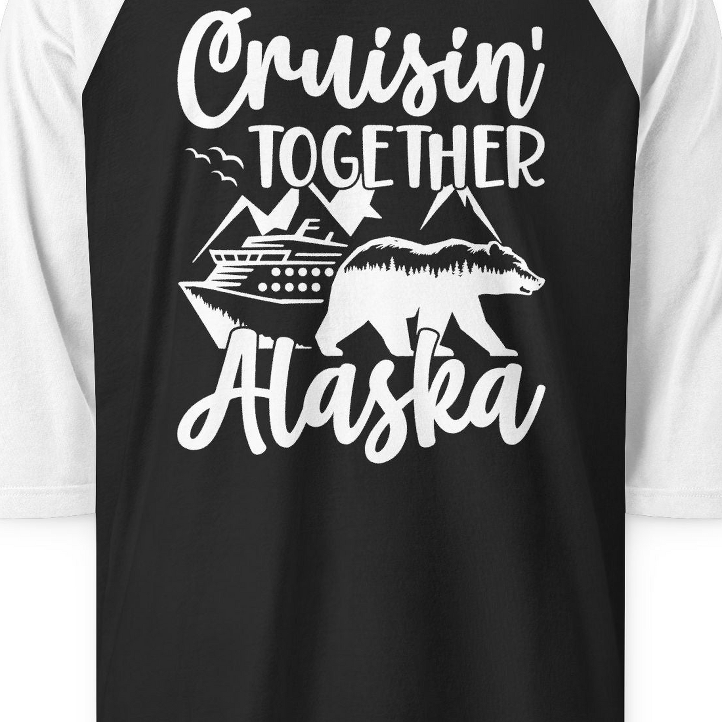 Alaska Cruise Adventure Shirt 3/4 Sleeve Raglan Shirt – Black/White – Alaska Cruise Shirts Close Up